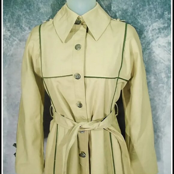 MOD Vintage Khaki Trench Coat Geometric Lines Raincoat VFG, Unique Styling - Picture 3 of 14